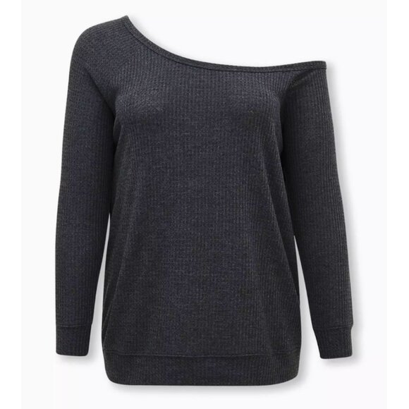 TORRID 2 Plus Size Off Shoulder Waffle Sweatshirt Charcoal Grey One Shoulder 2X - Picture 3 of 16